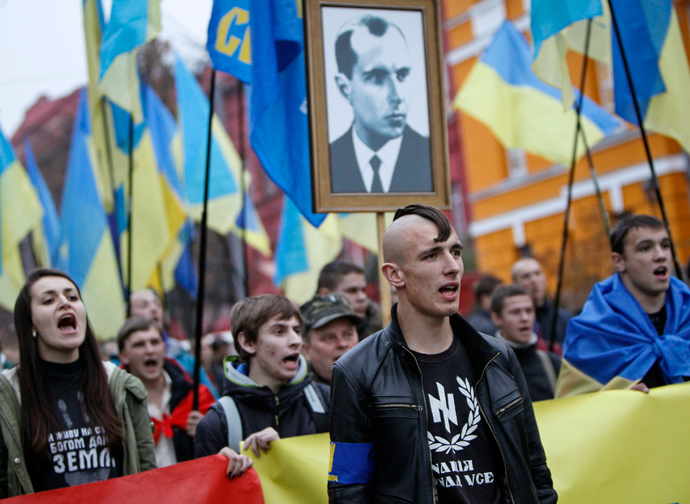 Neo-Nazi Svoboda Party; they & other fascist groups have been at the heart of opposition protests backed by the EU & USA.