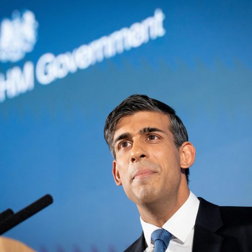 FILE PHOTO: British Prime Minister Rishi Sunak delivers his first major domestic speech of 2023 at Plexal, Queen Elizabeth Olympic Park, in east London, Britain January 4, 2023. Stefan Rousseau/Pool via REUTERS/File Photo
