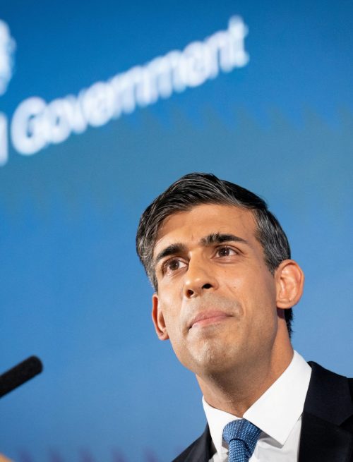 FILE PHOTO: British Prime Minister Rishi Sunak delivers his first major domestic speech of 2023 at Plexal, Queen Elizabeth Olympic Park, in east London, Britain January 4, 2023. Stefan Rousseau/Pool via REUTERS/File Photo